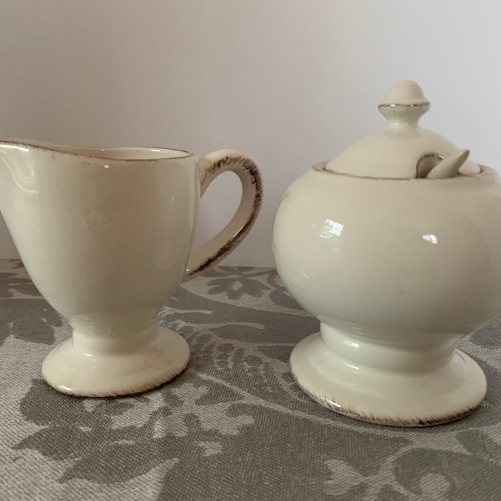 Pottery Barn Bianca cottage style sugar bowl and creamer